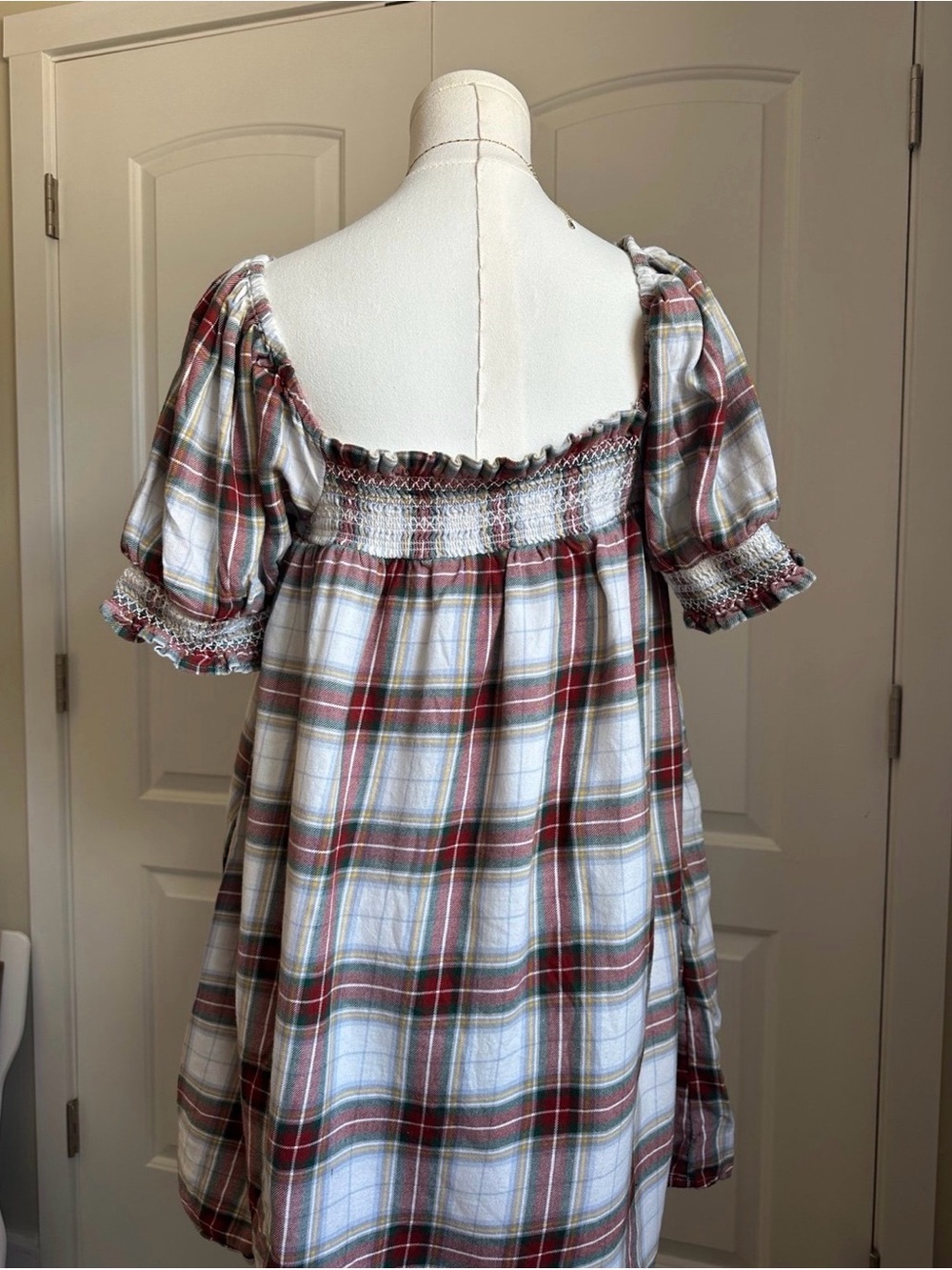 American Eagle Outfitters Plaid Smocked Peasant Dress in Red, Green, White - Picture 4 of 8